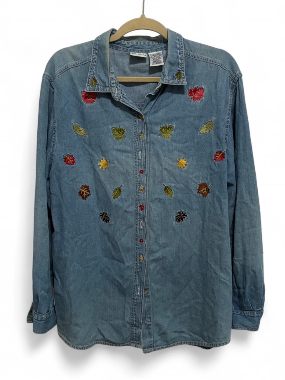 Y2K Bobbie Brooks Light Blue Denim Button-Down Shirt with Leaf Embroidery